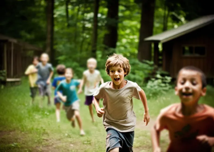 Young smiling boy in the summer camp enjoying holidays with friends outdoors. Generative AI