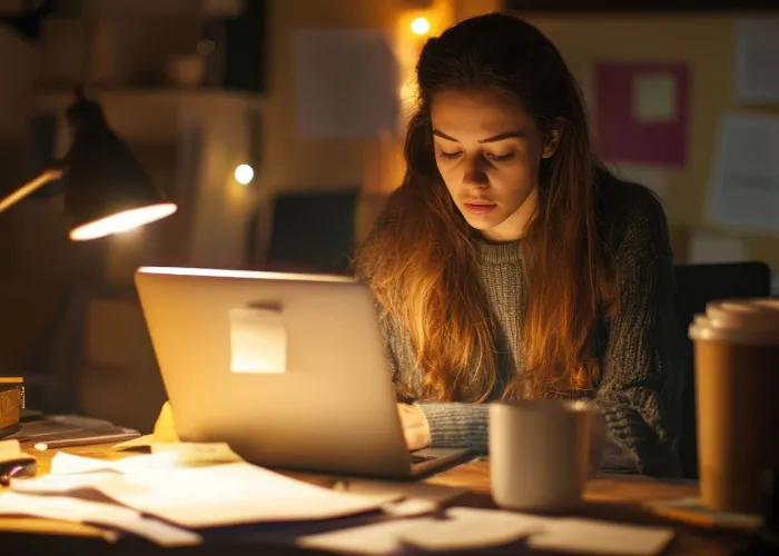 A workaholic woman at her desk, working late into the night with a laptop, papers, and coffee cups.
