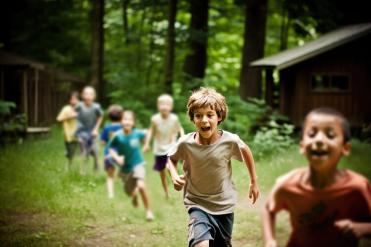 Young smiling boy in the summer camp enjoying holidays with friends outdoors. Generative AI
