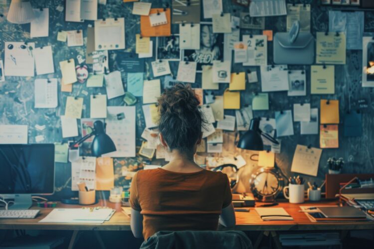 A person sitting at a desk with a cluttered mind